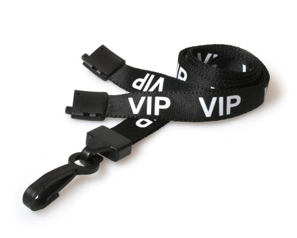 100 Pack 15mm Recycled Black VIP Lanyards with Plastic J Clip