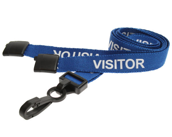 100 Pack 15mm Recycled Blue Visitor Lanyards with Breakaway and Plastic J Clip