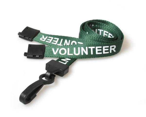 100 Pack 15mm Recycled Green Volunteer Lanyards with Plastic J Clip