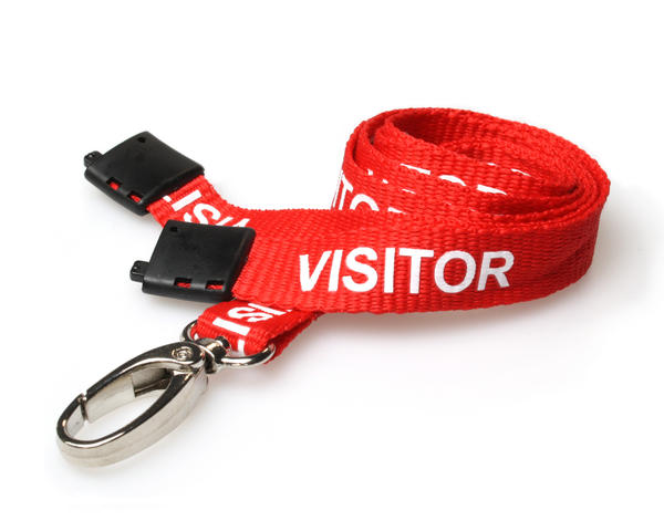 100 Pack 15mm Recycled Red Visitor Lanyards with Breakaway and Metal Lobster Clip