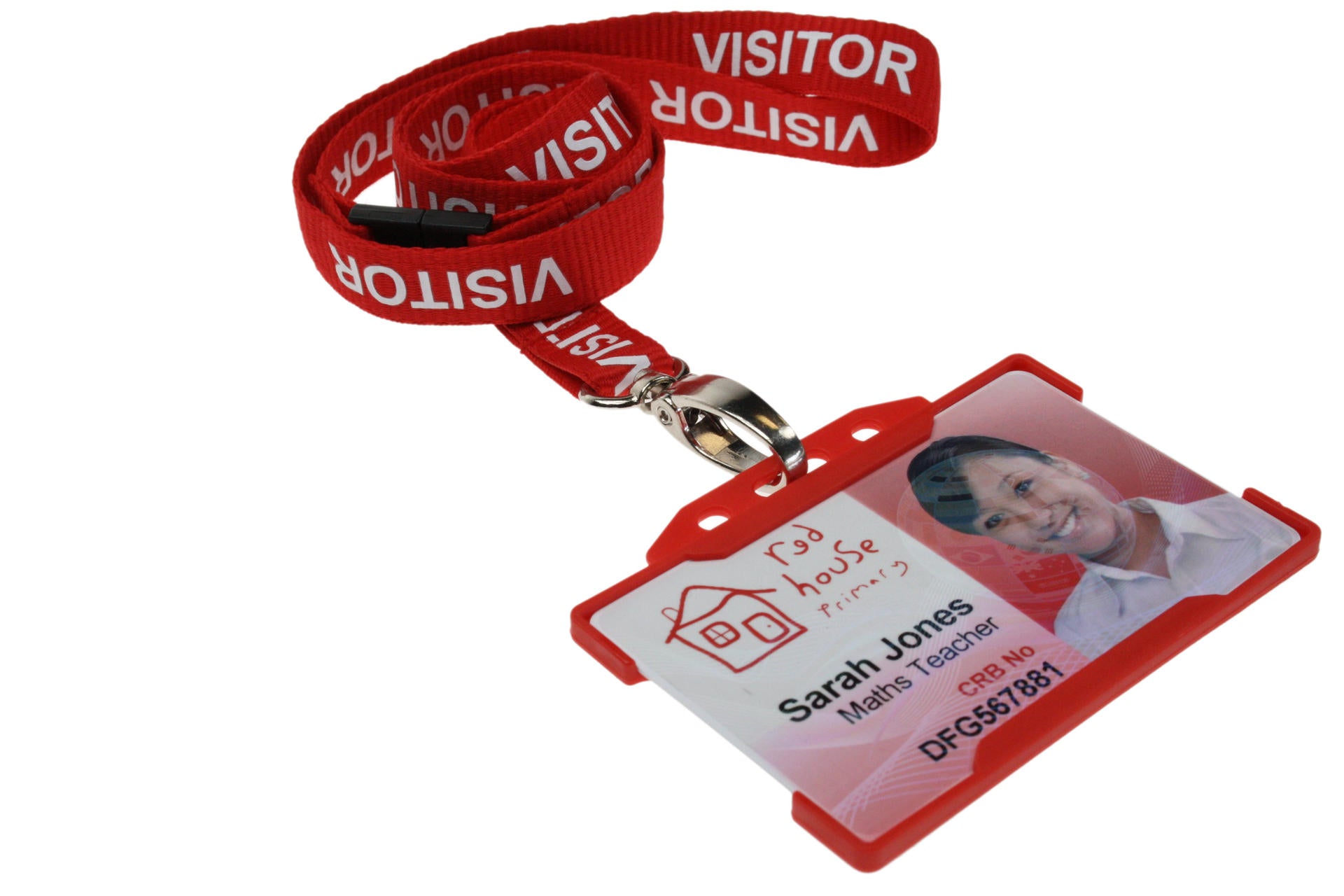 100 Pack 15mm Recycled Red Visitor Lanyards with Breakaway and Metal Lobster Clip